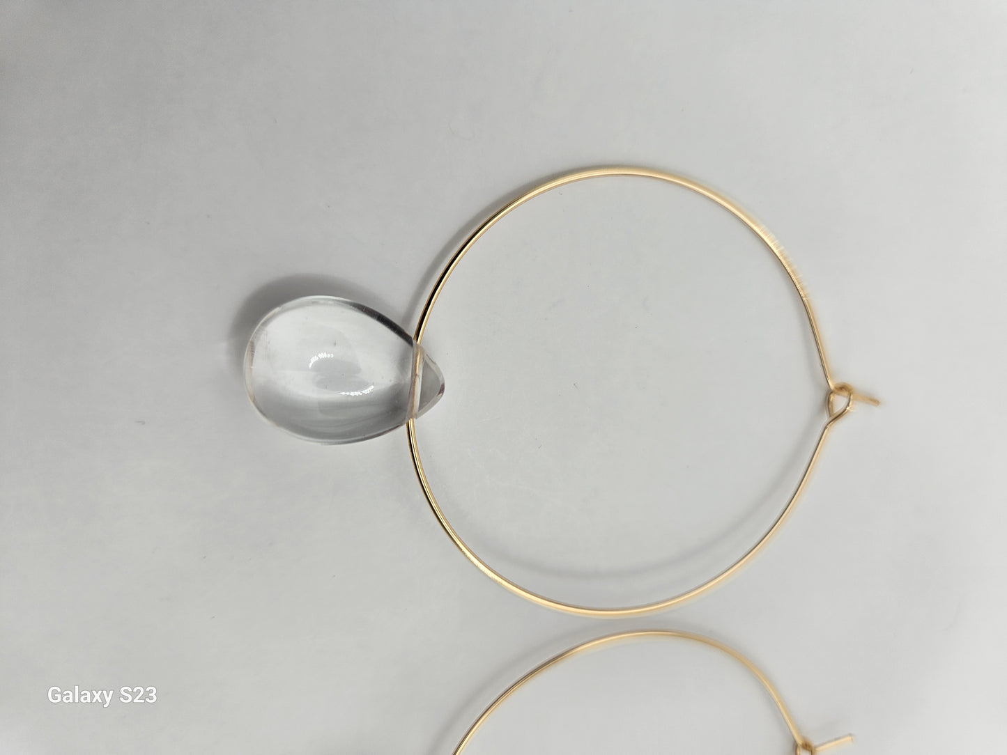 Genuine Clear Quartz Smooth Tear Drop Bead on 2" 14k GF Hoop Earrings (Yellow or White Gold)