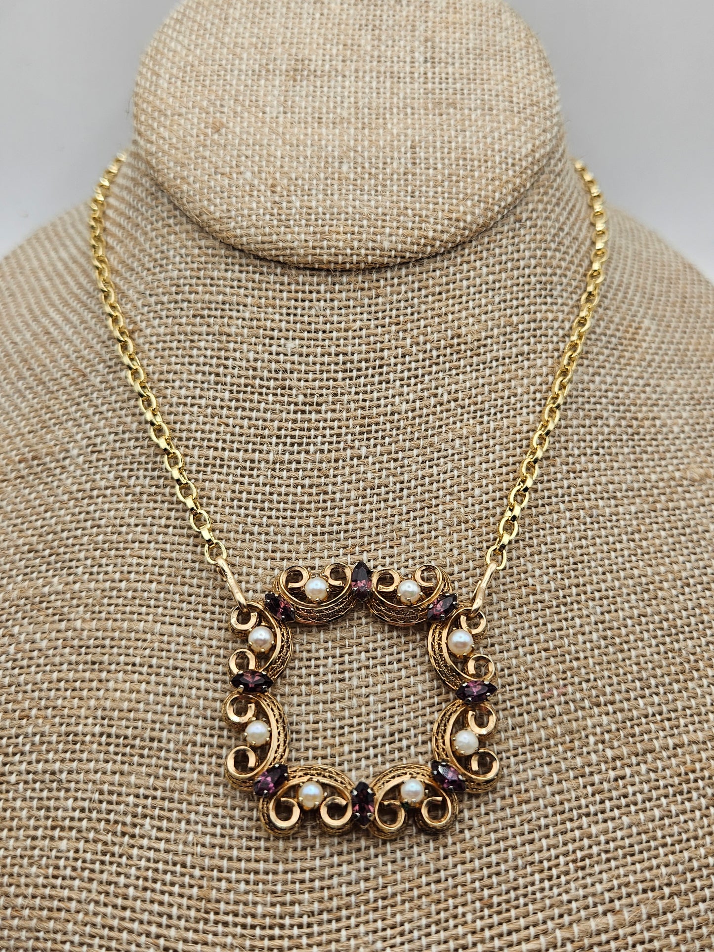 Vintage 1950's 12k Gold Filled Amethyst & Cultured Pearl Focal Chain Necklace