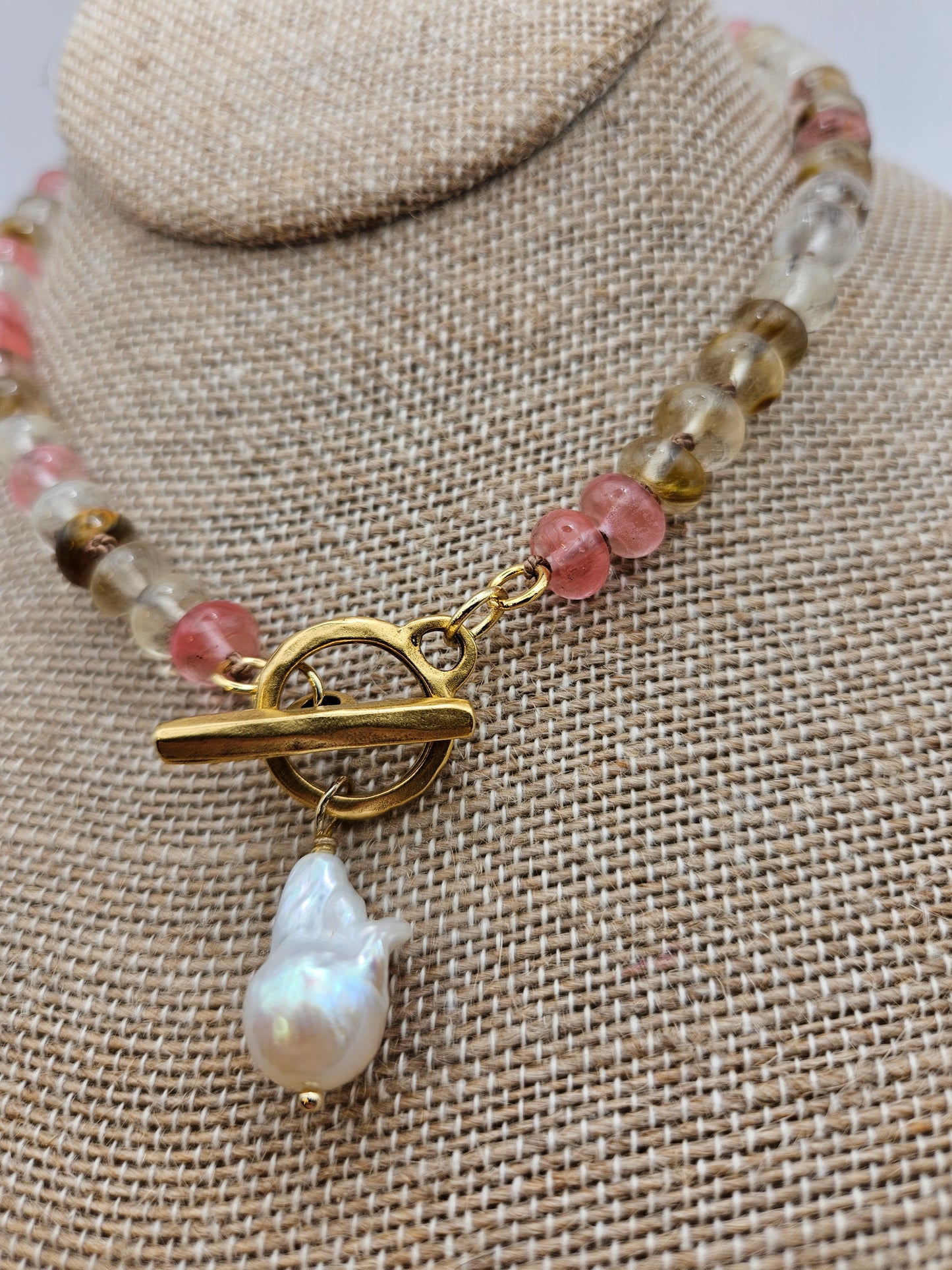 Rutilated Golden/Strawberry Quartz & Freshwater Baroque Pearl Antiqued 12kGF Toggle Clasp Necklace