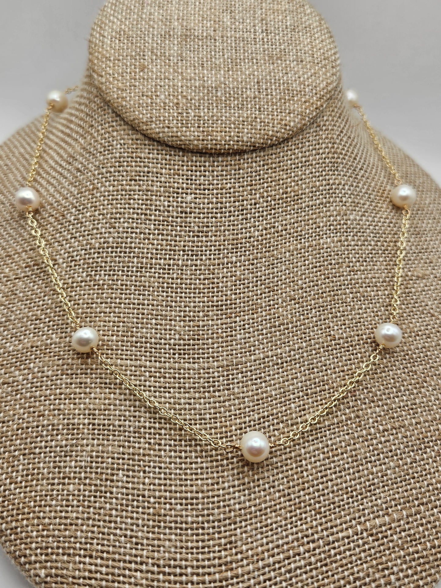 14k Gold Filled Freshwater Round White Pearl Station Necklace