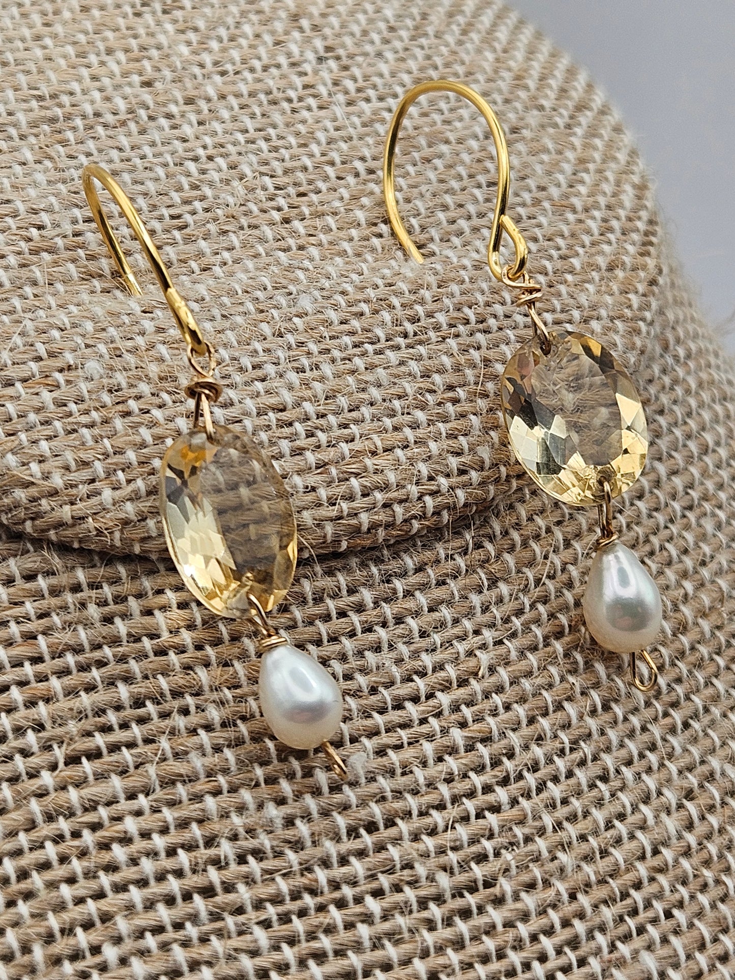 14k Gold Filled Face Cut Citrine/Topaz Freshwater Pearl Drop Earrings