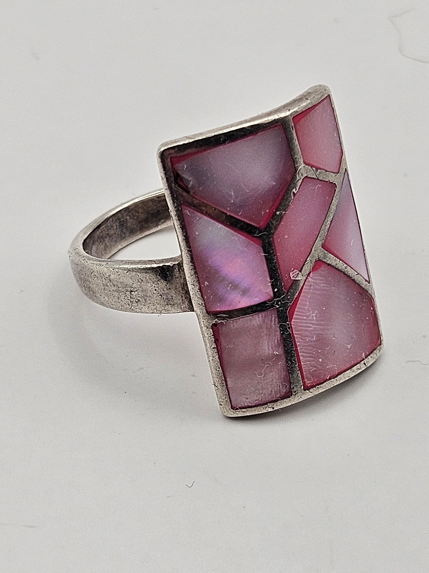 Antique Art Deco 20's Abalone Mosaic Sterling Silver Ring