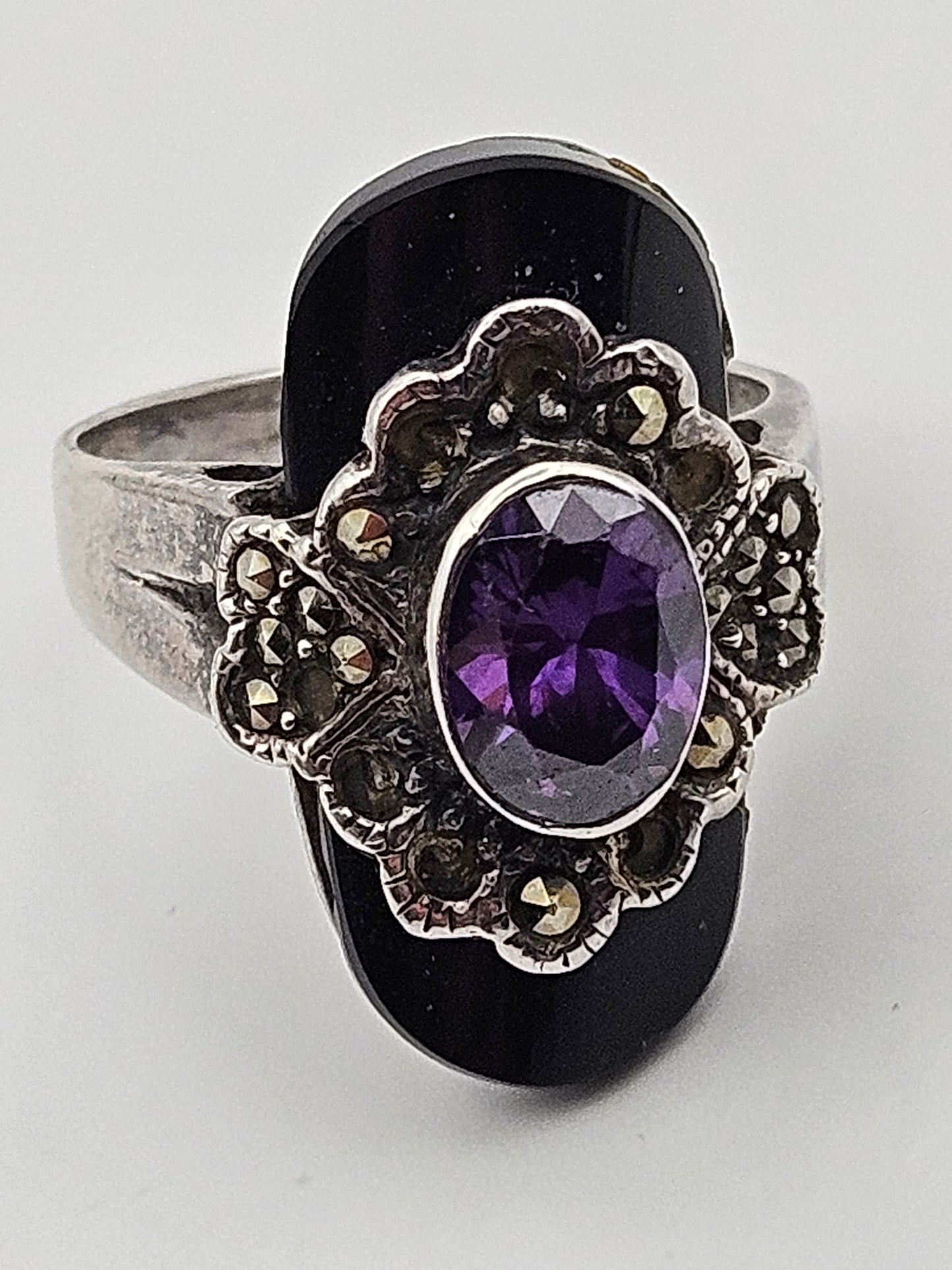 Antique Art Deco Amethyst Onyx Marcasite Sterling Silver Ring