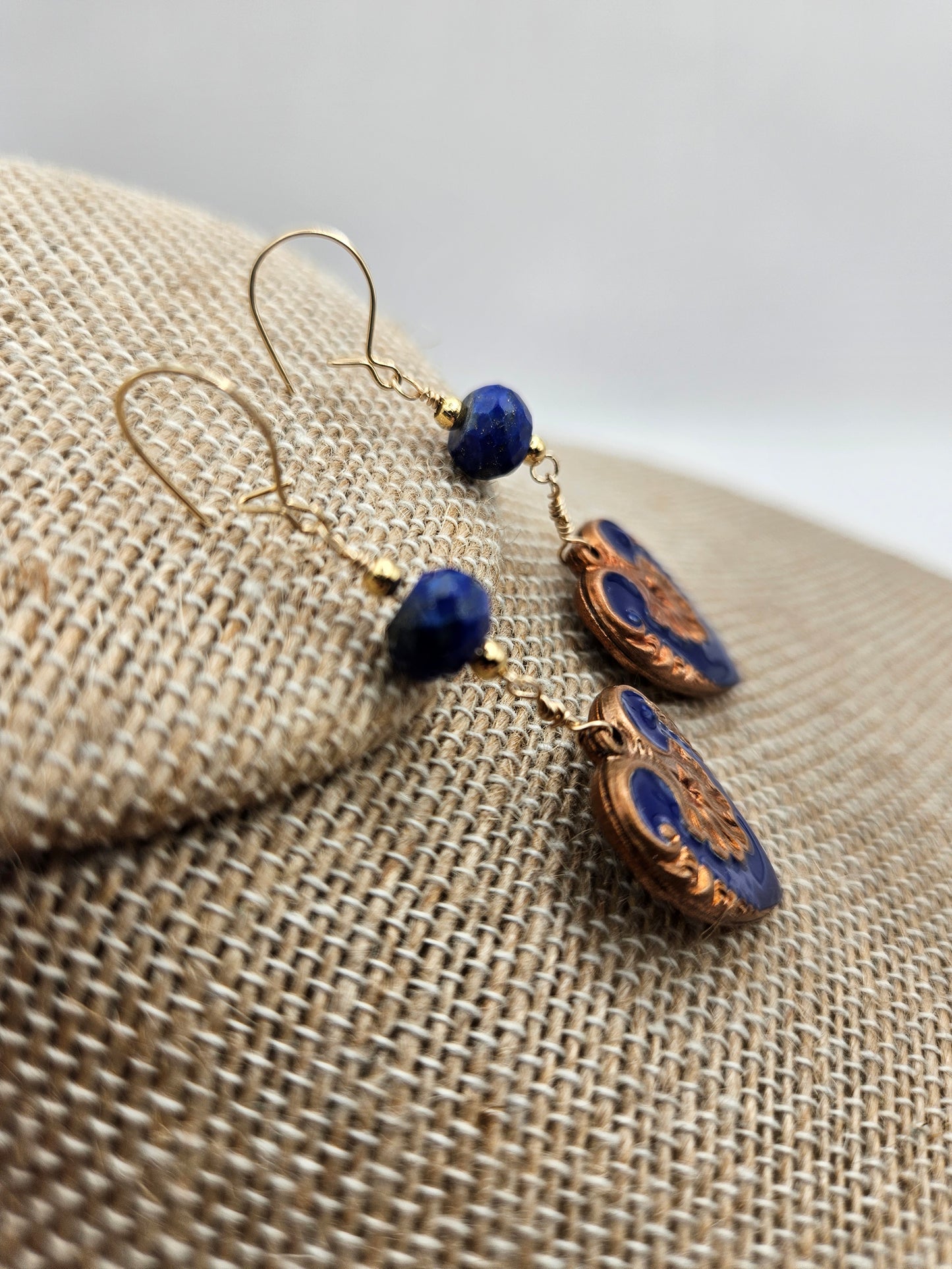 Vintage 1950's Guilloche Hearts & Lapis 14k Gold Filled Earrings