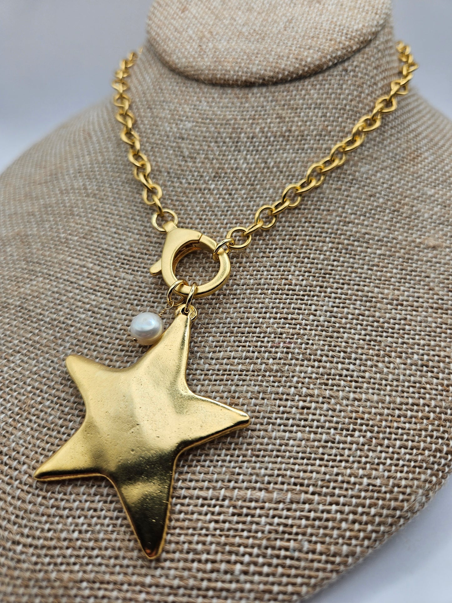Antiqued 12kgf Star & Freshwater Pearl Chain Necklace