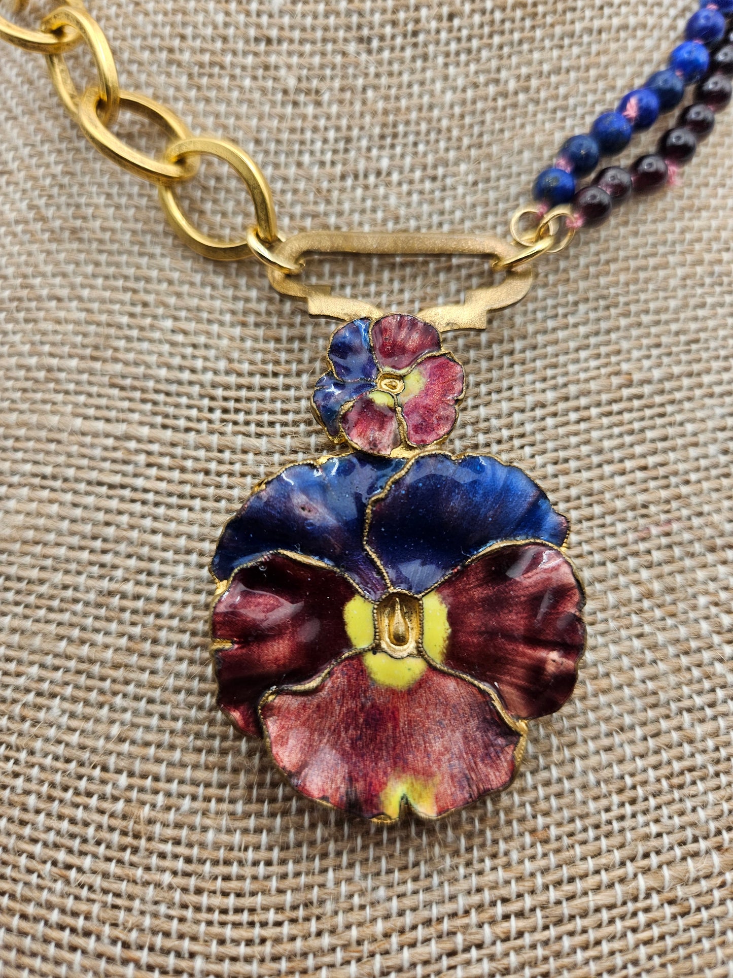 Antique 20's Pansy Enamel Buckle Garnet & Lapis 12k GF Chunky Chain Necklace