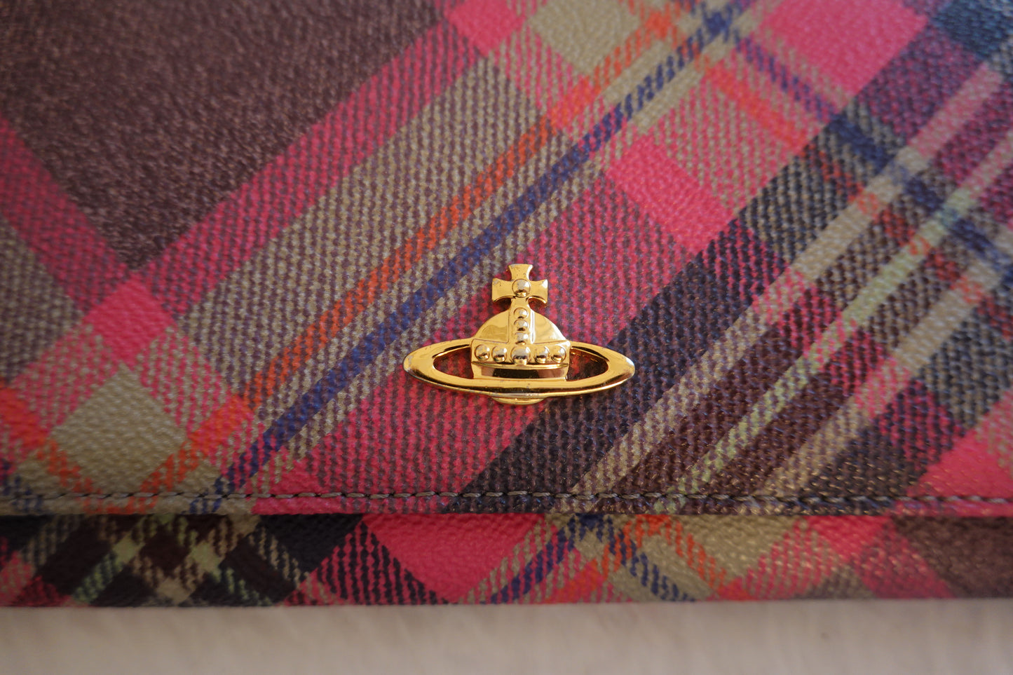 Vivienne Westwood Pink/Navy Plaid Multi Leather & Coated Canvas Wallet & Crossbody/WOC