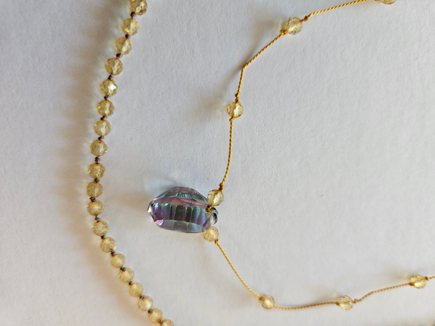 Genuine Faceted Citrines & Mystic Topaz Focal Floating Silk Cord 14k GF Clasp Necklace