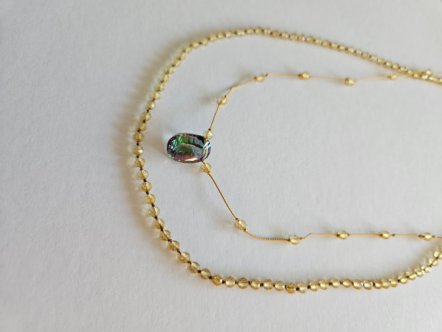 Genuine Faceted Citrines & Mystic Topaz Focal Floating Silk Cord 14k GF Clasp Necklace