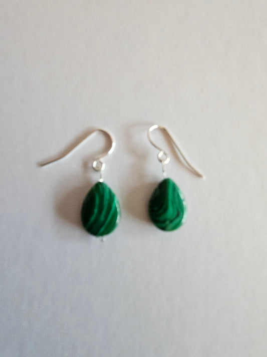 Malachite Smooth Pear Drop Earrings (Sterling or 14kGF)