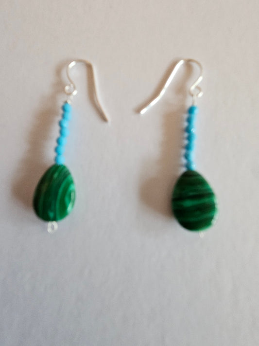 Faceted Turquoise & Malachite Smooth Pear Drop Earrings (Sterling or 14kGF)