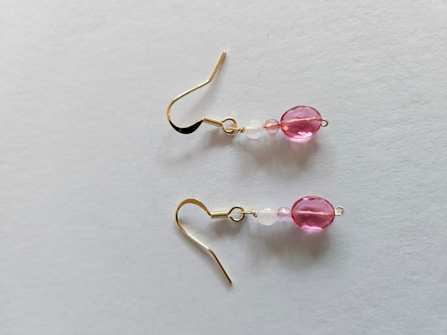 Genuine Pink Quartz Briolette, 4mm and 3mm Bead Drop Earrings (14kGF)