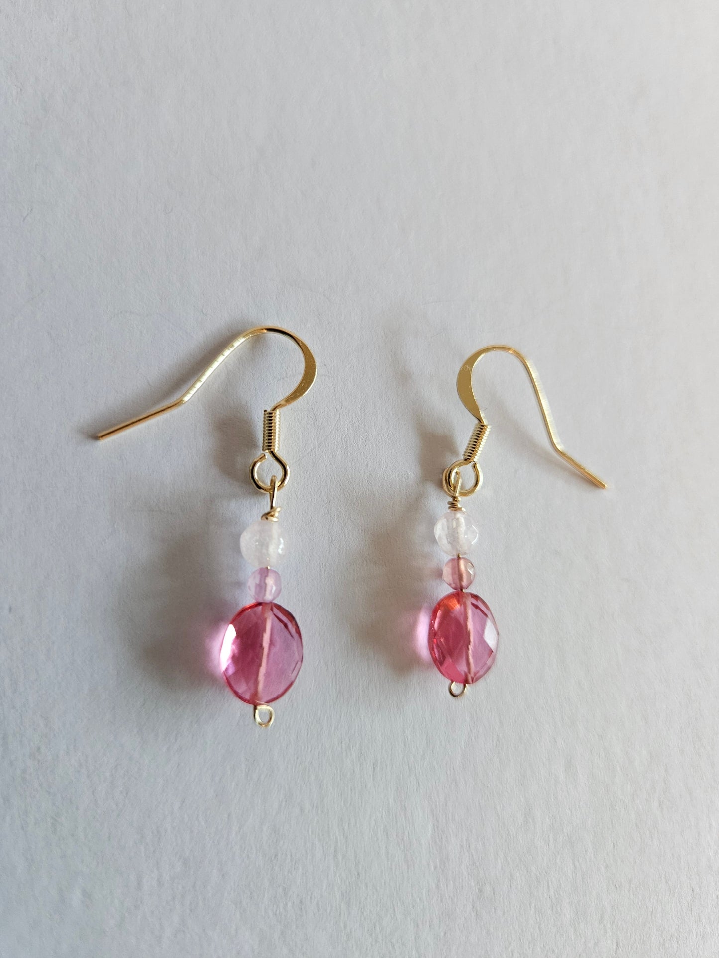 Genuine Pink Quartz Briolette, 4mm and 3mm Bead Drop Earrings (14kGF)