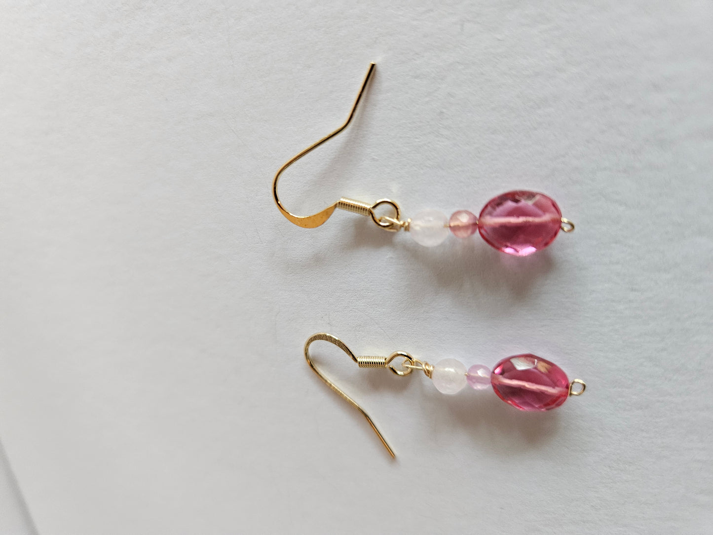 Genuine Pink Quartz Briolette, 4mm and 3mm Bead Drop Earrings (14kGF)