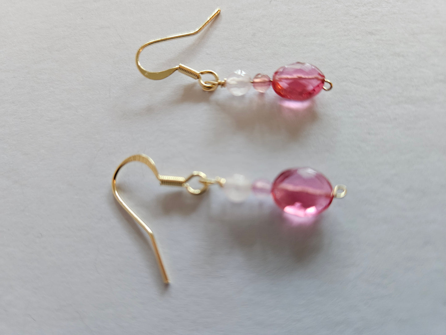 Genuine Pink Quartz Briolette, 4mm and 3mm Bead Drop Earrings (14kGF)