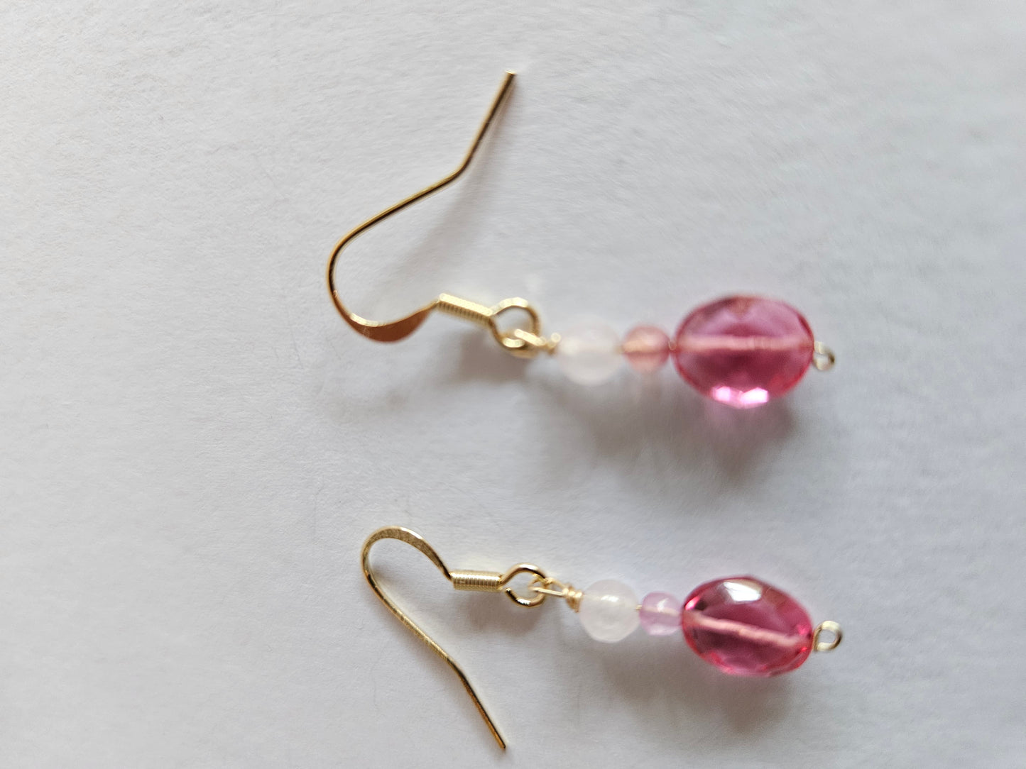 Genuine Pink Quartz Briolette, 4mm and 3mm Bead Drop Earrings (14kGF)