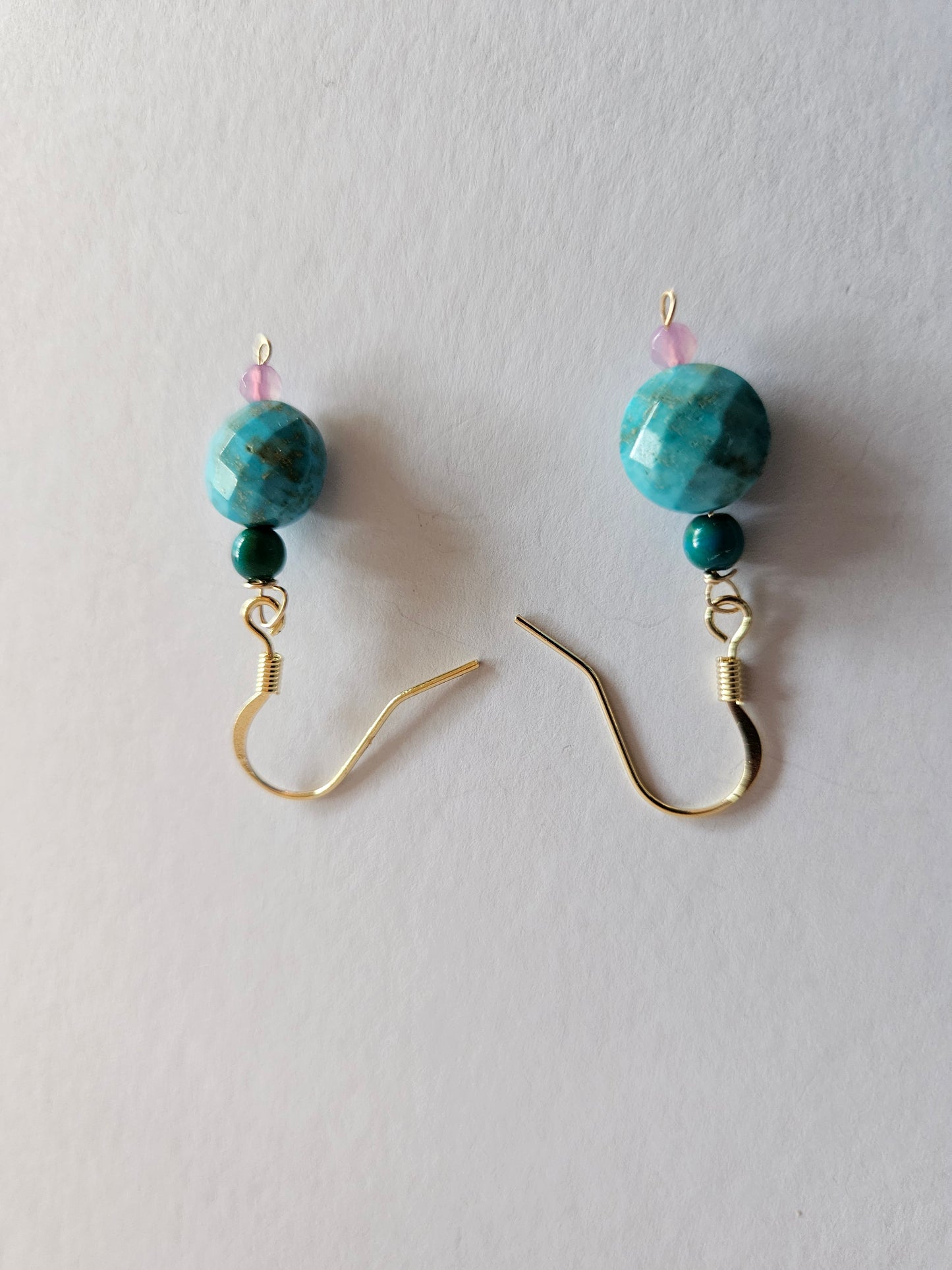 Turquoise Faceted Coin Shaped, 4mm Smooth Round and 3mm Pink Faceted Pink Quartz Bead Drop Earrings (14kGF)