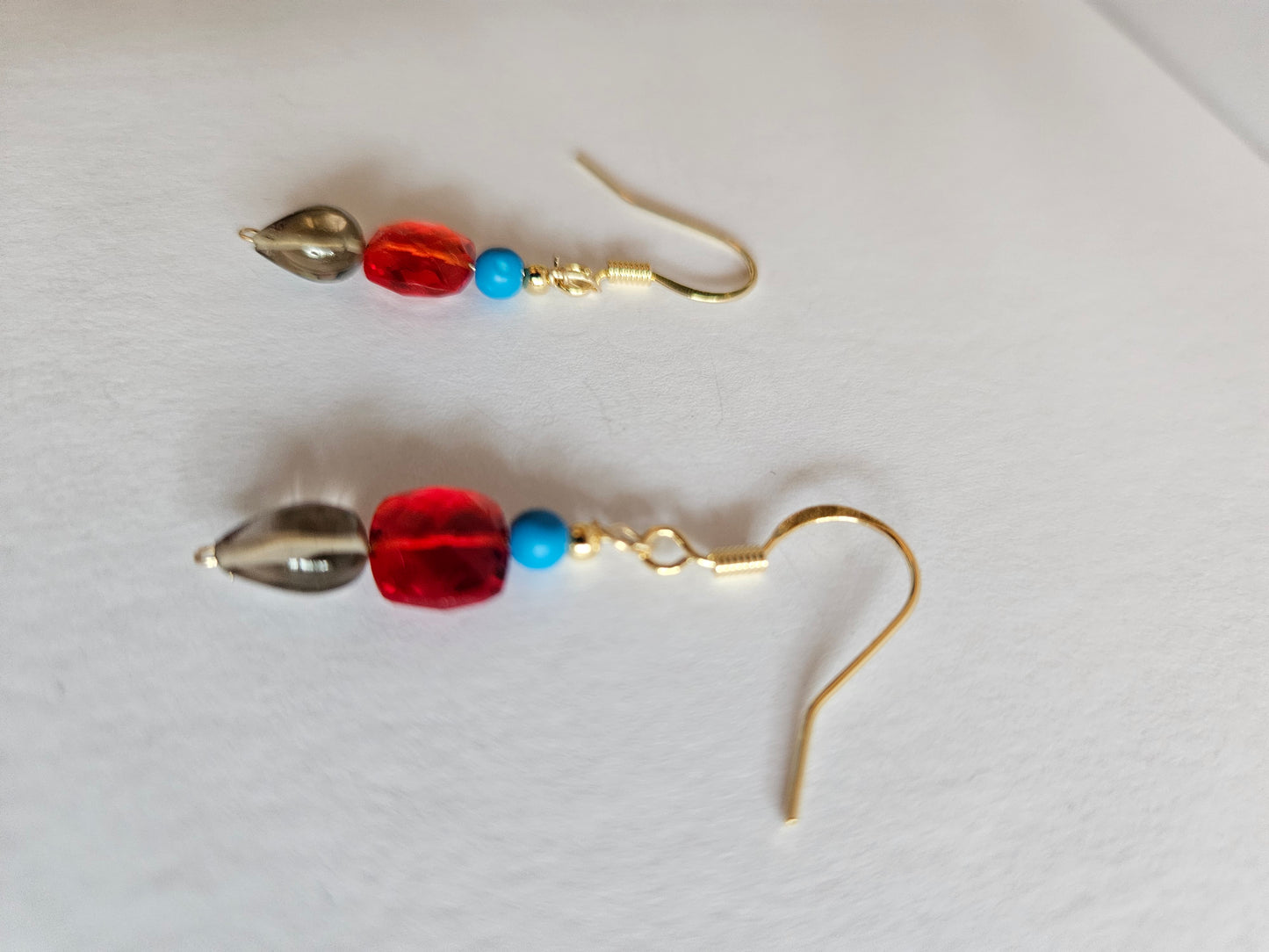 Genuine Turquoise, Smoky Quartz and Red Quartz Bead Drop Earrings (14kGF)