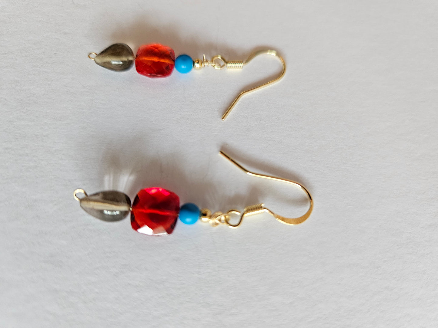 Genuine Turquoise, Smoky Quartz and Red Quartz Bead Drop Earrings (14kGF)