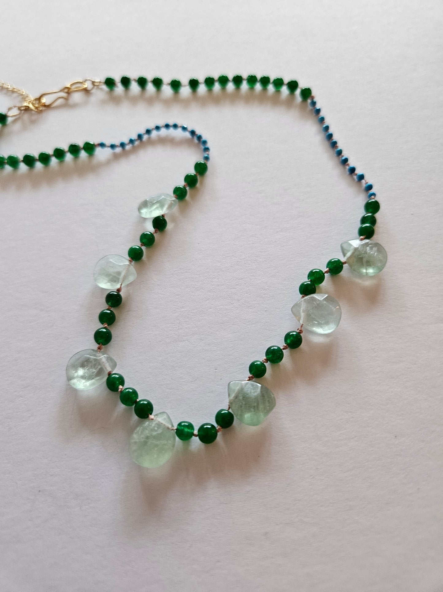 Turquoise Faceted & Natural Green Jade Smooth Bead Necklace with Fluorite Focal Briolette