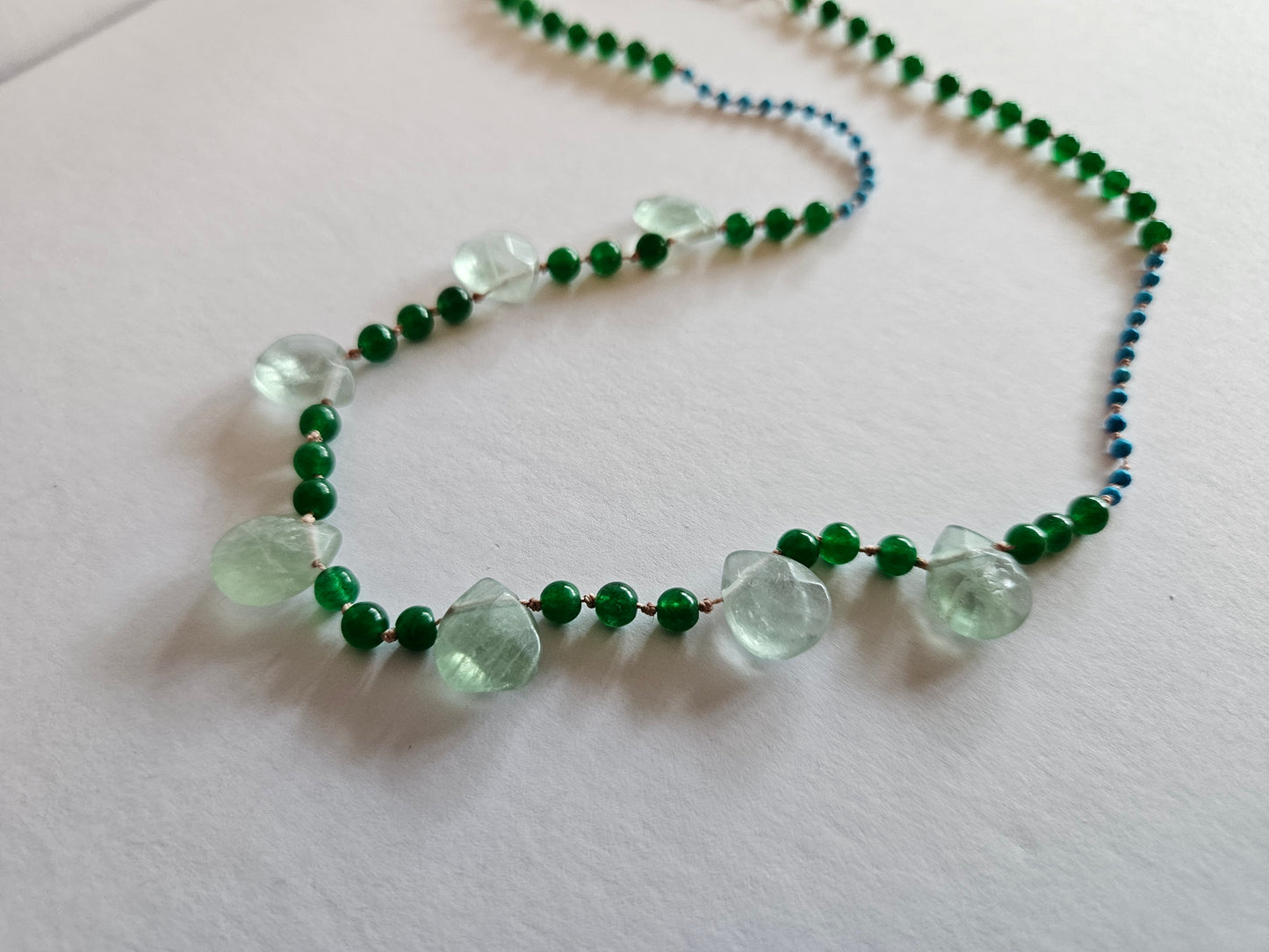 Turquoise Faceted & Natural Green Jade Smooth Bead Necklace with Fluorite Focal Briolette