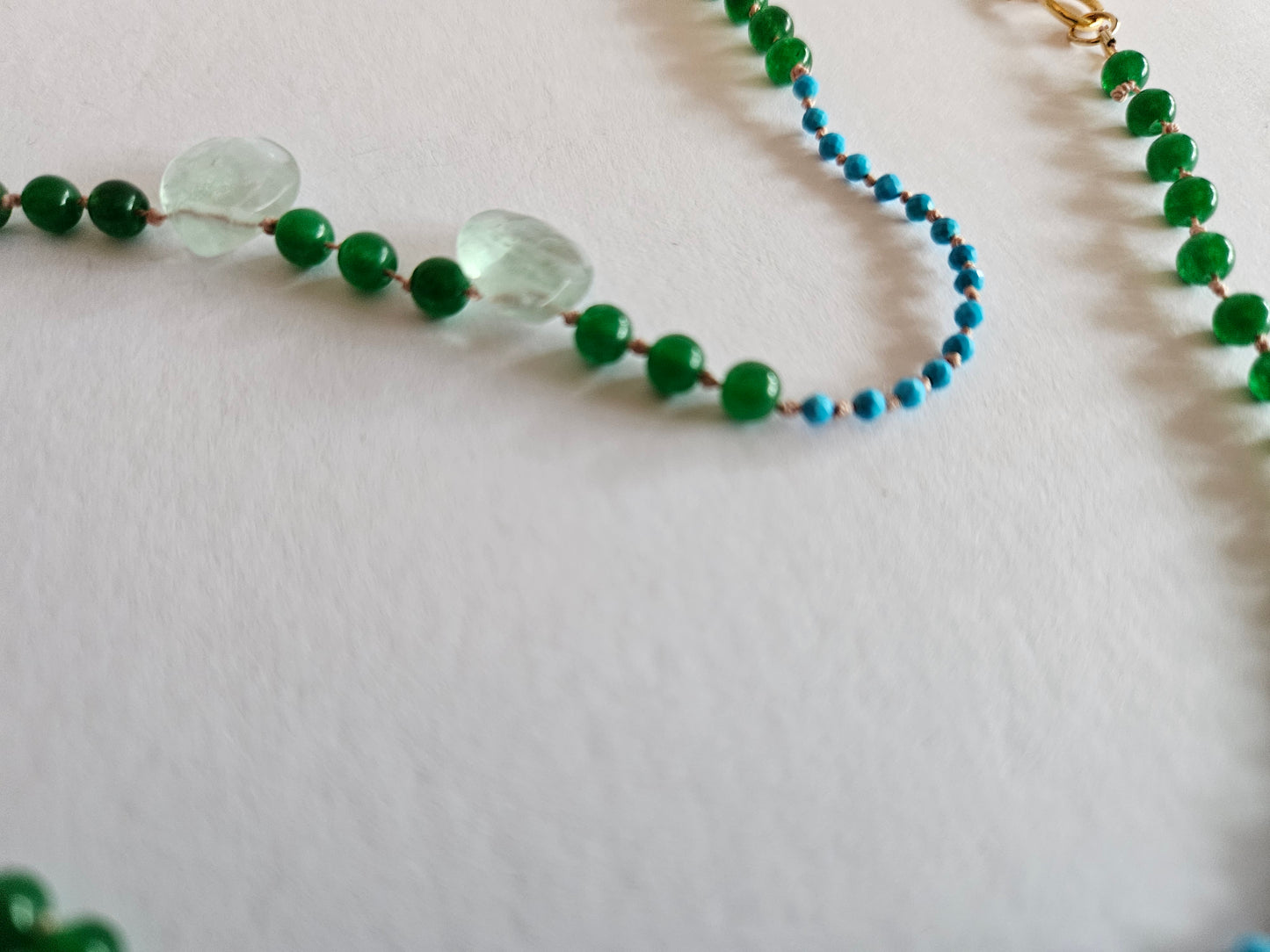 Turquoise Faceted & Natural Green Jade Smooth Bead Necklace with Fluorite Focal Briolette