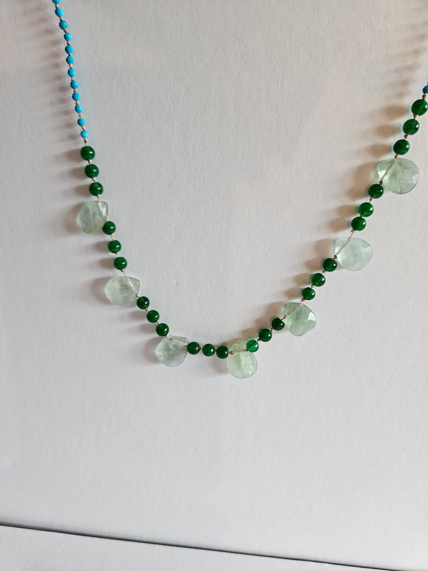 Turquoise Faceted & Natural Green Jade Smooth Bead Necklace with Fluorite Focal Briolette