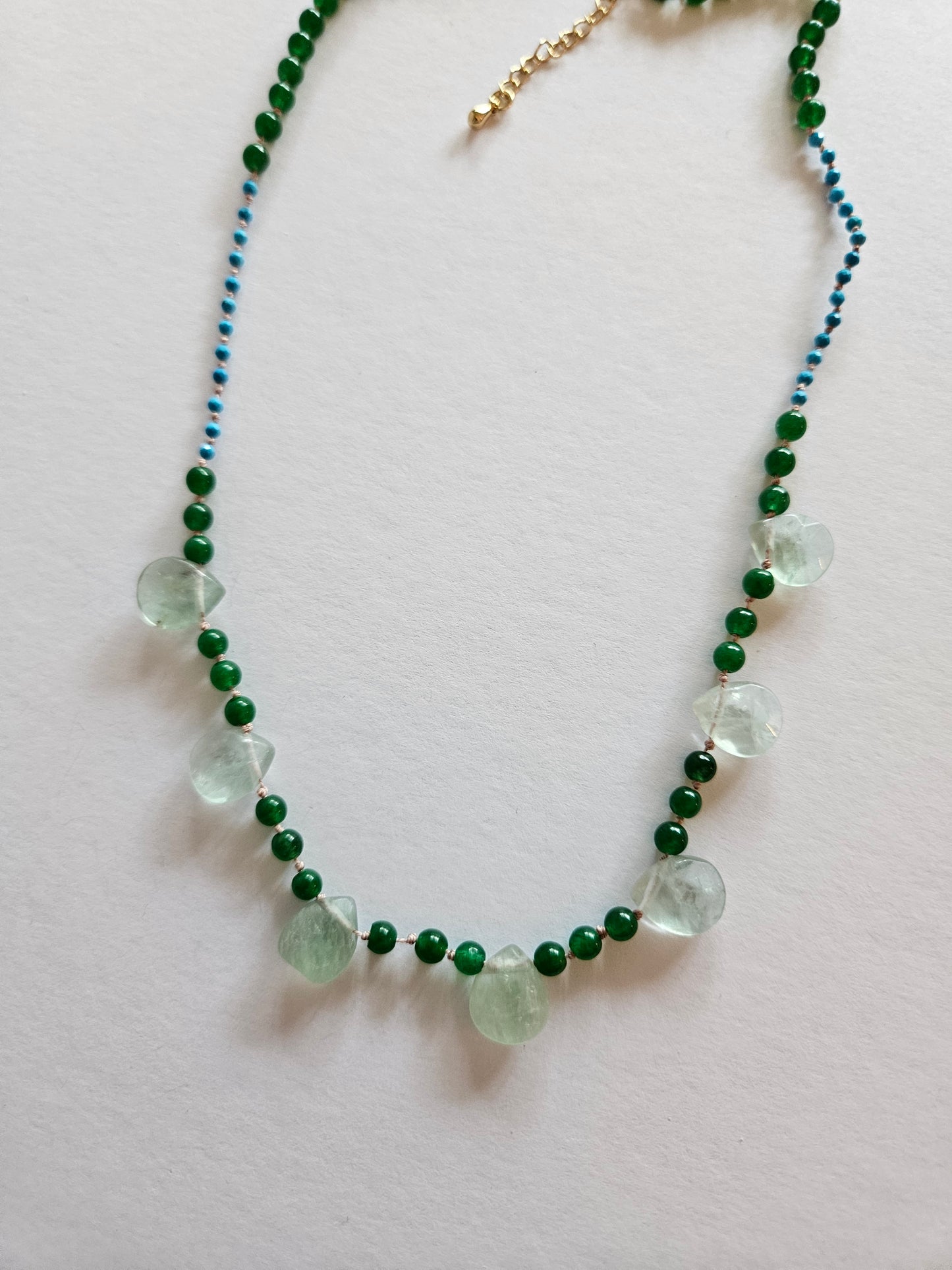 Turquoise Faceted & Natural Green Jade Smooth Bead Necklace with Fluorite Focal Briolette