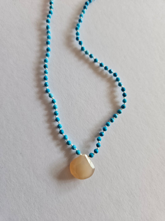 Turquoise Faceted Bead & Peach Moonstone Focal Briolette Necklace