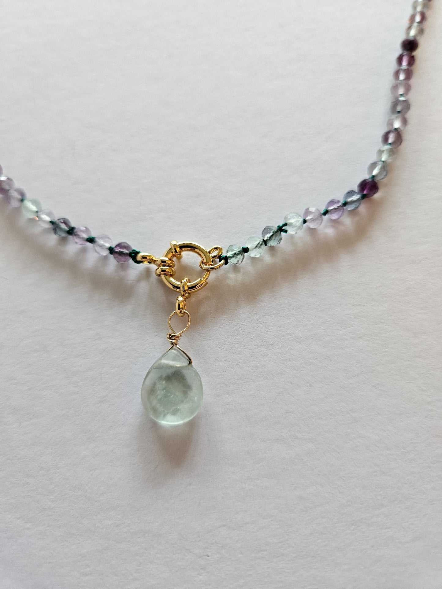 Genuine Fluorite 3mm Faceted Bead & Removable 16mm Faceted Tear Drop Pendant 14k GF Necklace