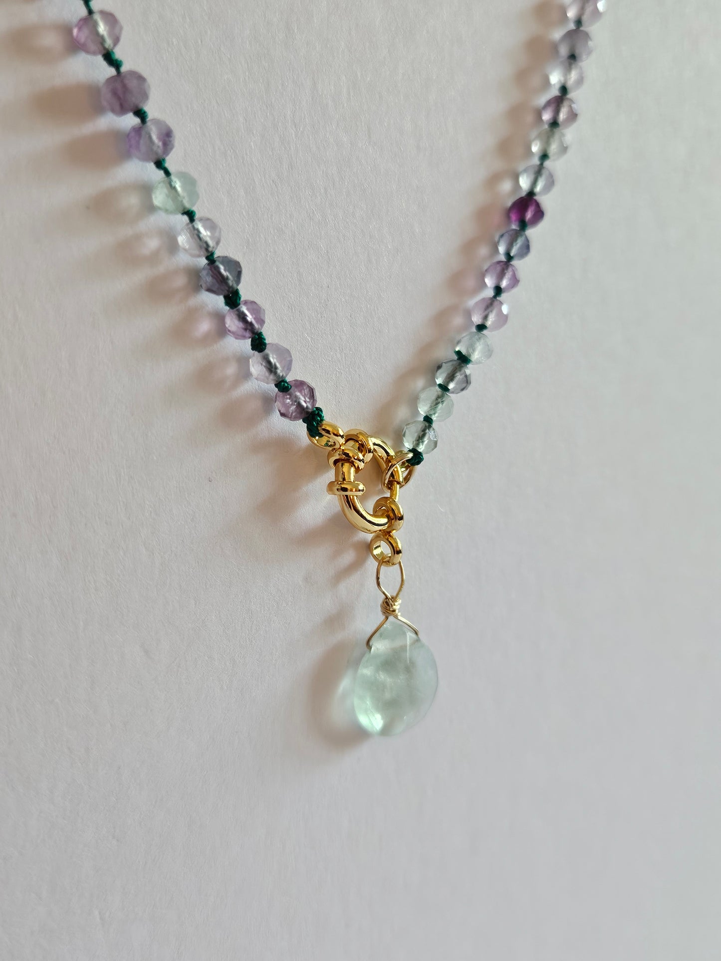 Genuine Fluorite 3mm Faceted Bead & Removable 16mm Faceted Tear Drop Pendant 14k GF Necklace