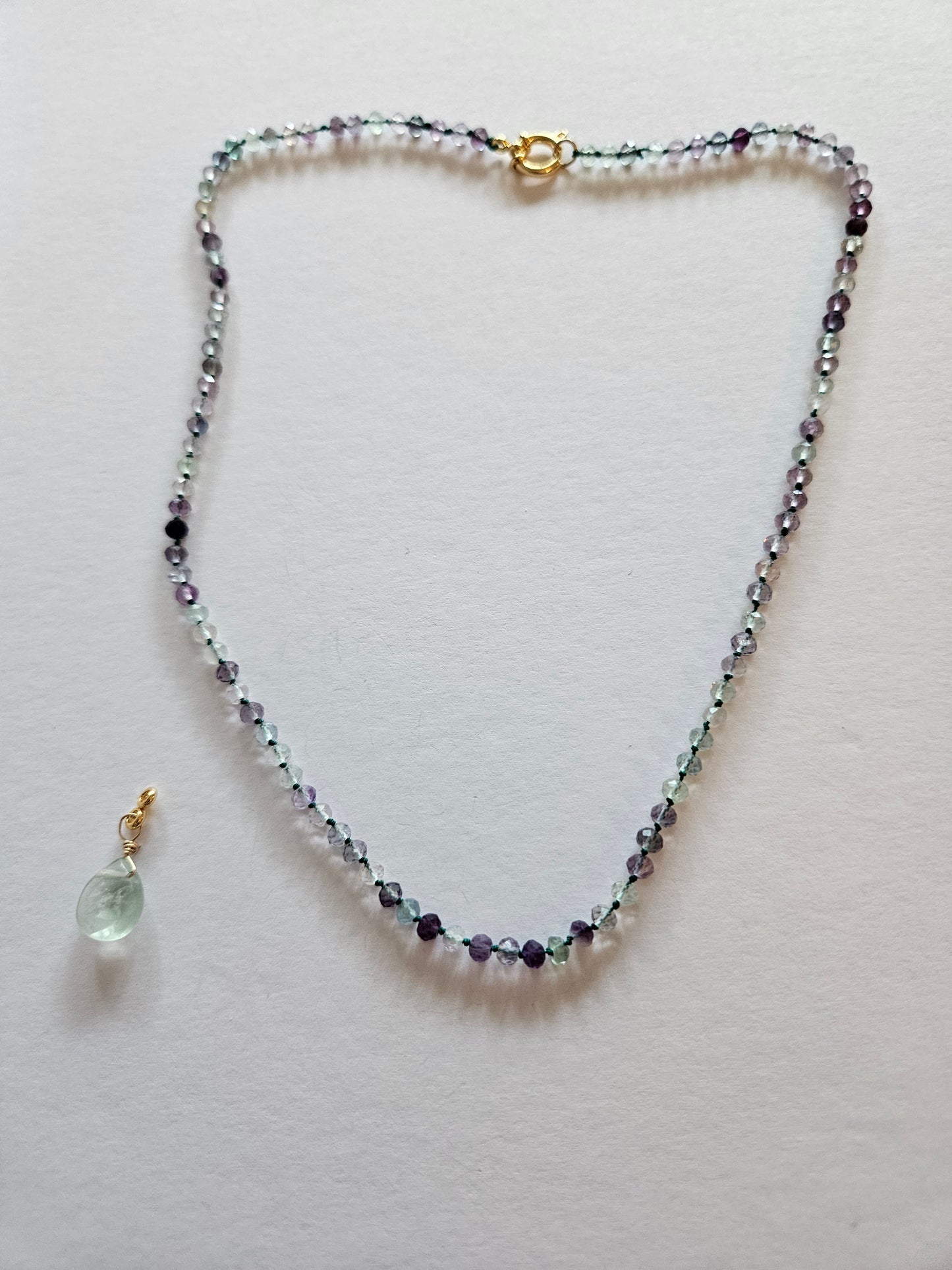 Genuine Fluorite 3mm Faceted Bead & Removable 16mm Faceted Tear Drop Pendant 14k GF Necklace