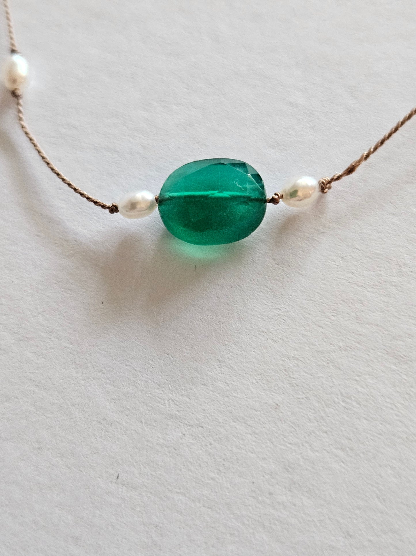 Genuine Freshwater Pearl & Natural Emerald Focal Floating Silk Cord 14k GF Necklace