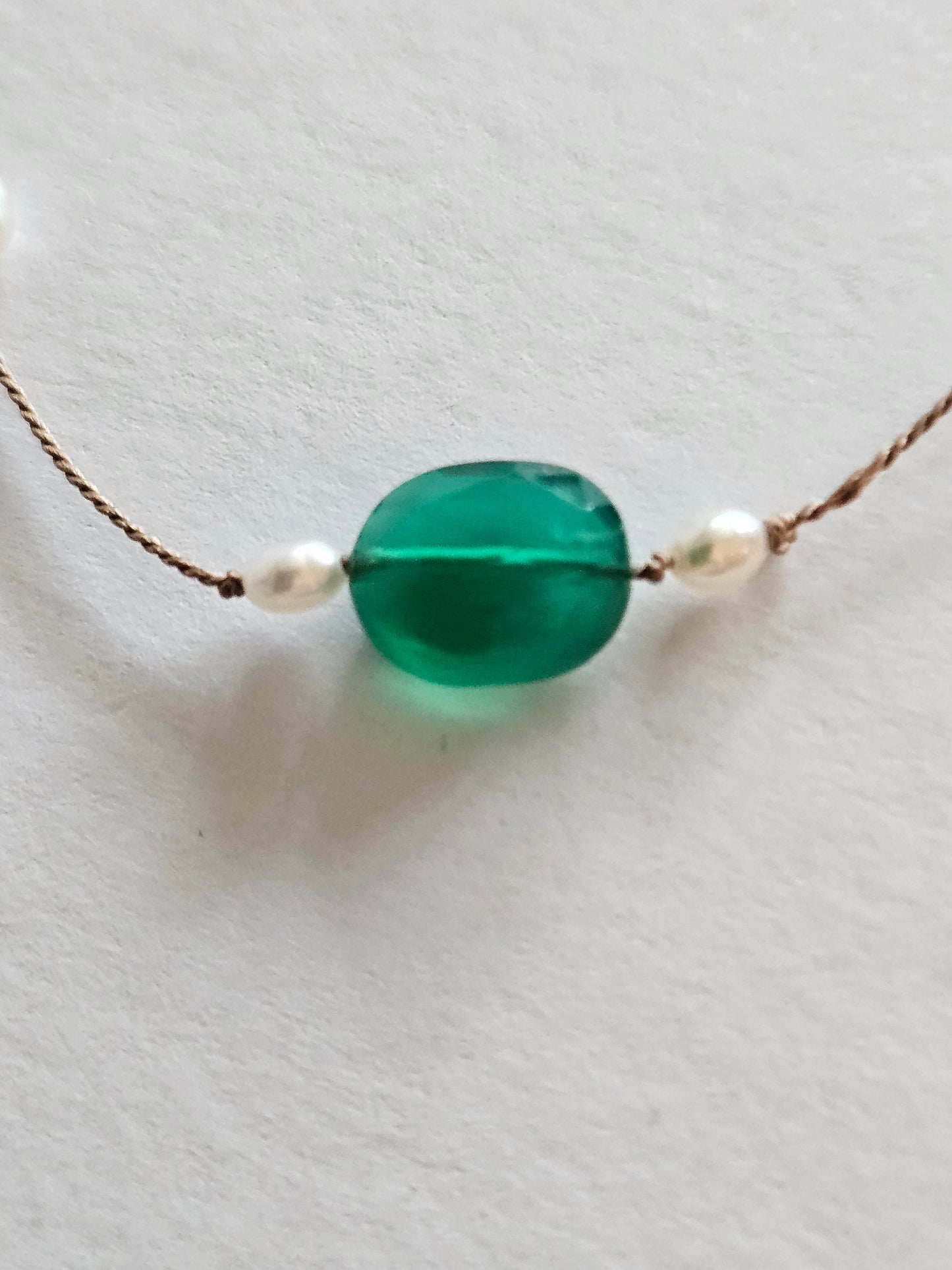 Genuine Freshwater Pearl & Natural Emerald Focal Floating Silk Cord 14k GF Necklace