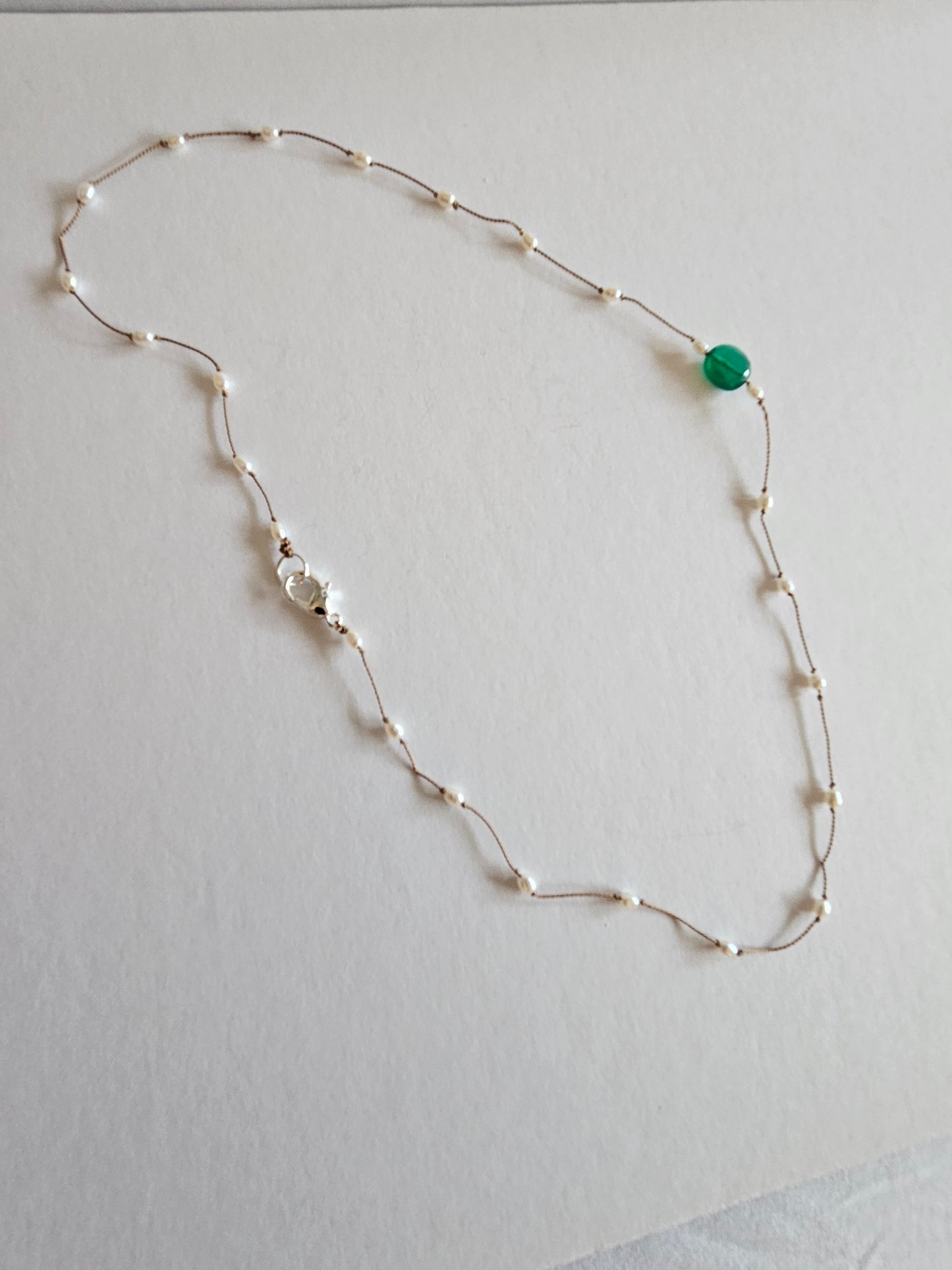 Genuine Freshwater Pearl & Natural Emerald Focal Floating Silk Cord 14k GF Necklace