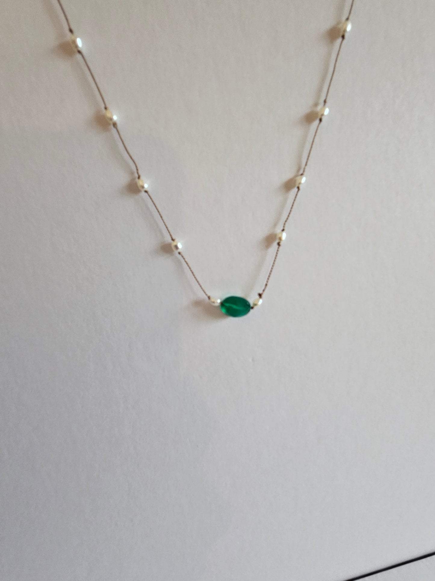 Genuine Freshwater Pearl & Natural Emerald Focal Floating Silk Cord 14k GF Necklace