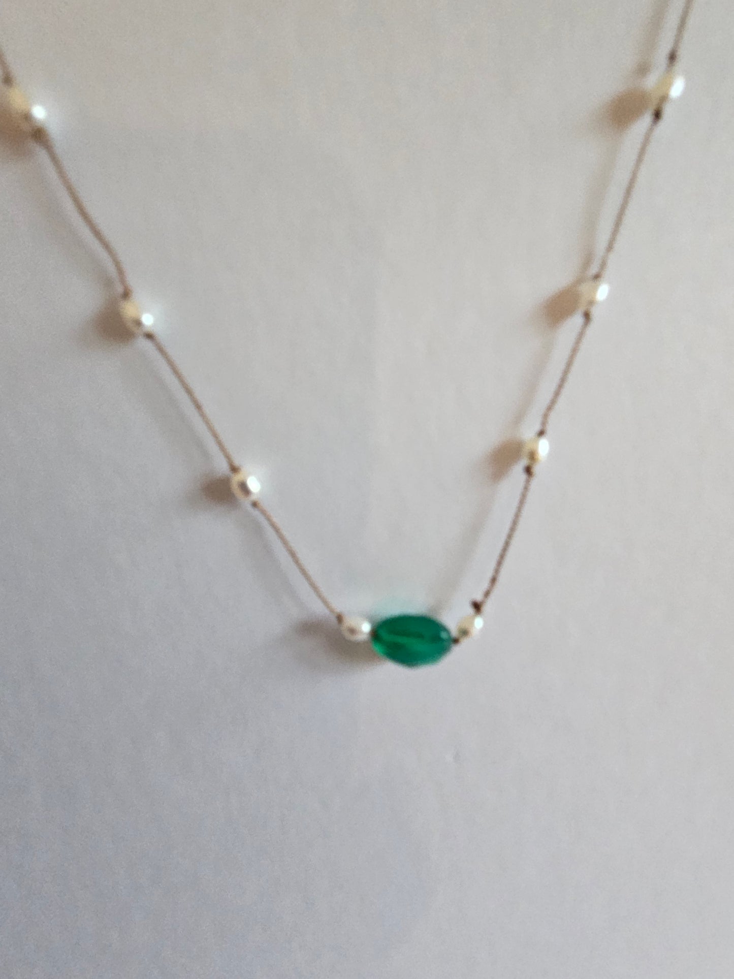 Genuine Freshwater Pearl & Natural Emerald Focal Floating Silk Cord 14k GF Necklace