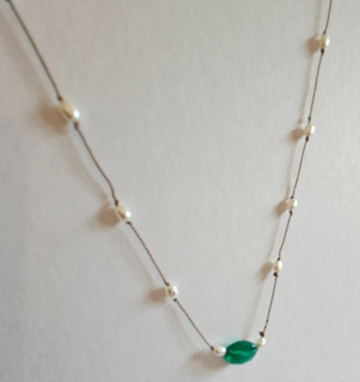 Genuine Freshwater Pearl & Natural Emerald Focal Floating Silk Cord 14k GF Necklace