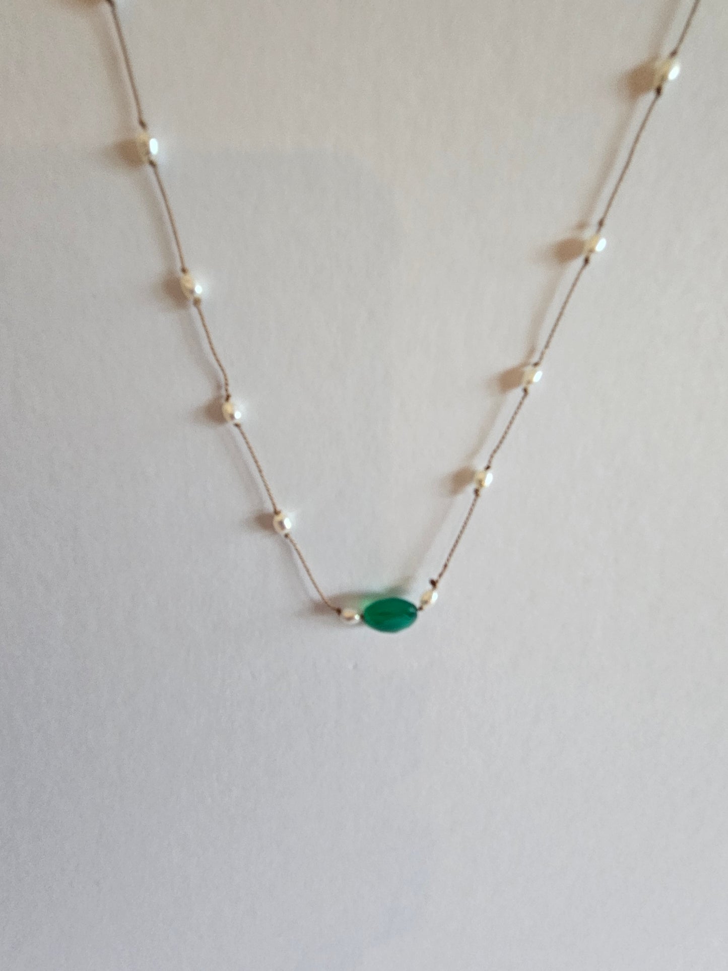 Genuine Freshwater Pearl & Natural Emerald Focal Floating Silk Cord 14k GF Necklace