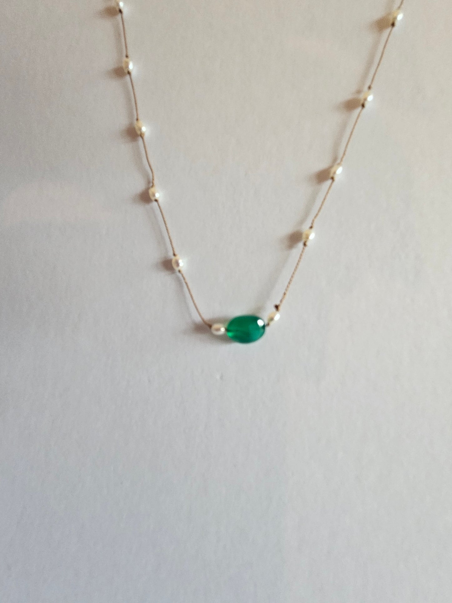 Genuine Freshwater Pearl & Natural Emerald Focal Floating Silk Cord 14k GF Necklace