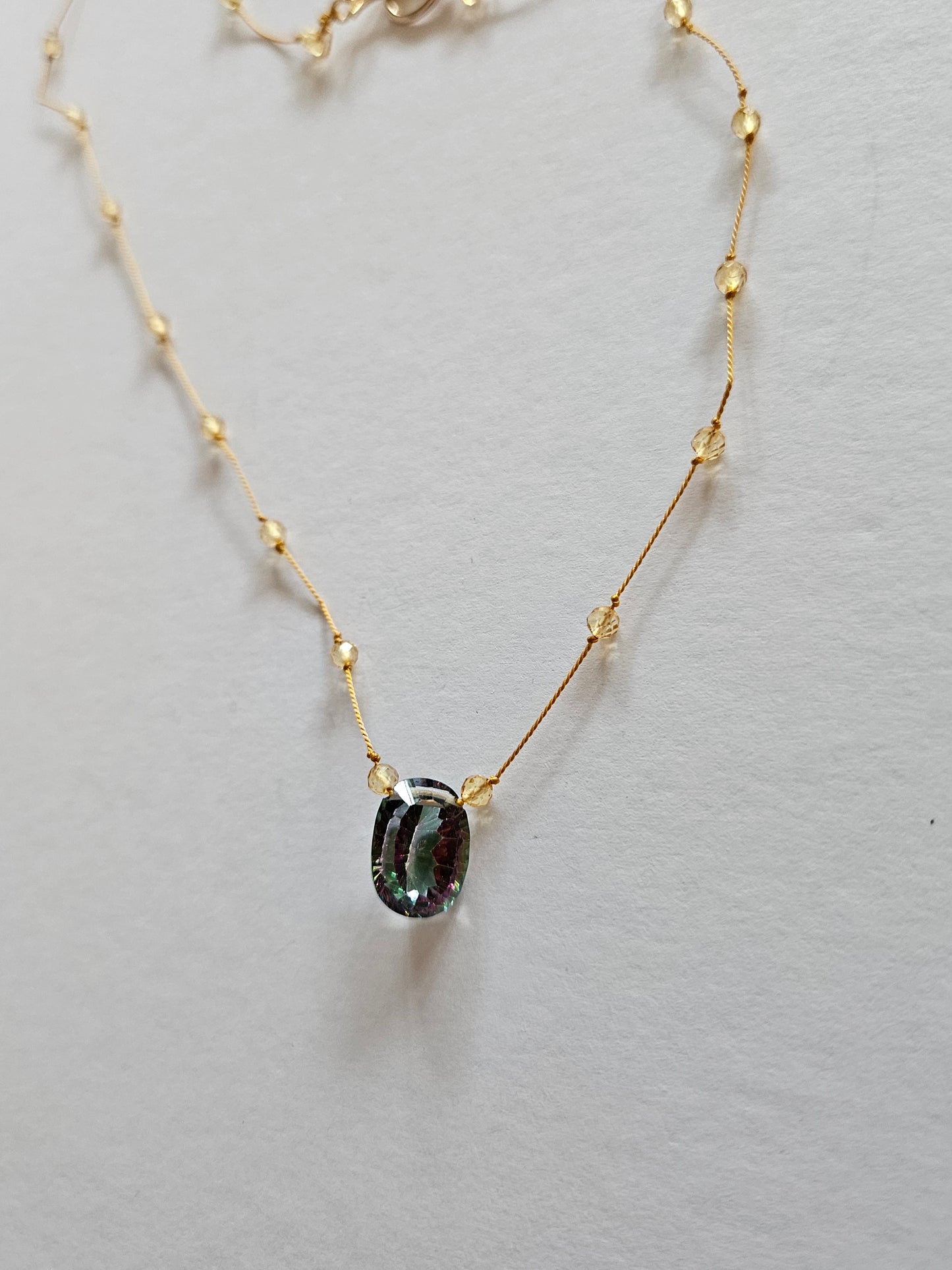 Genuine Faceted Citrines & Mystic Topaz Focal Floating Silk Cord 14k GF Clasp Necklace