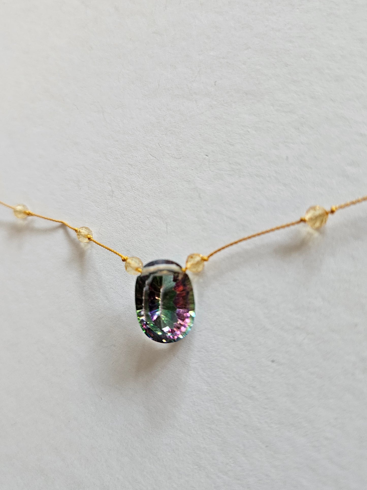 Genuine Faceted Citrines & Mystic Topaz Focal Floating Silk Cord 14k GF Clasp Necklace