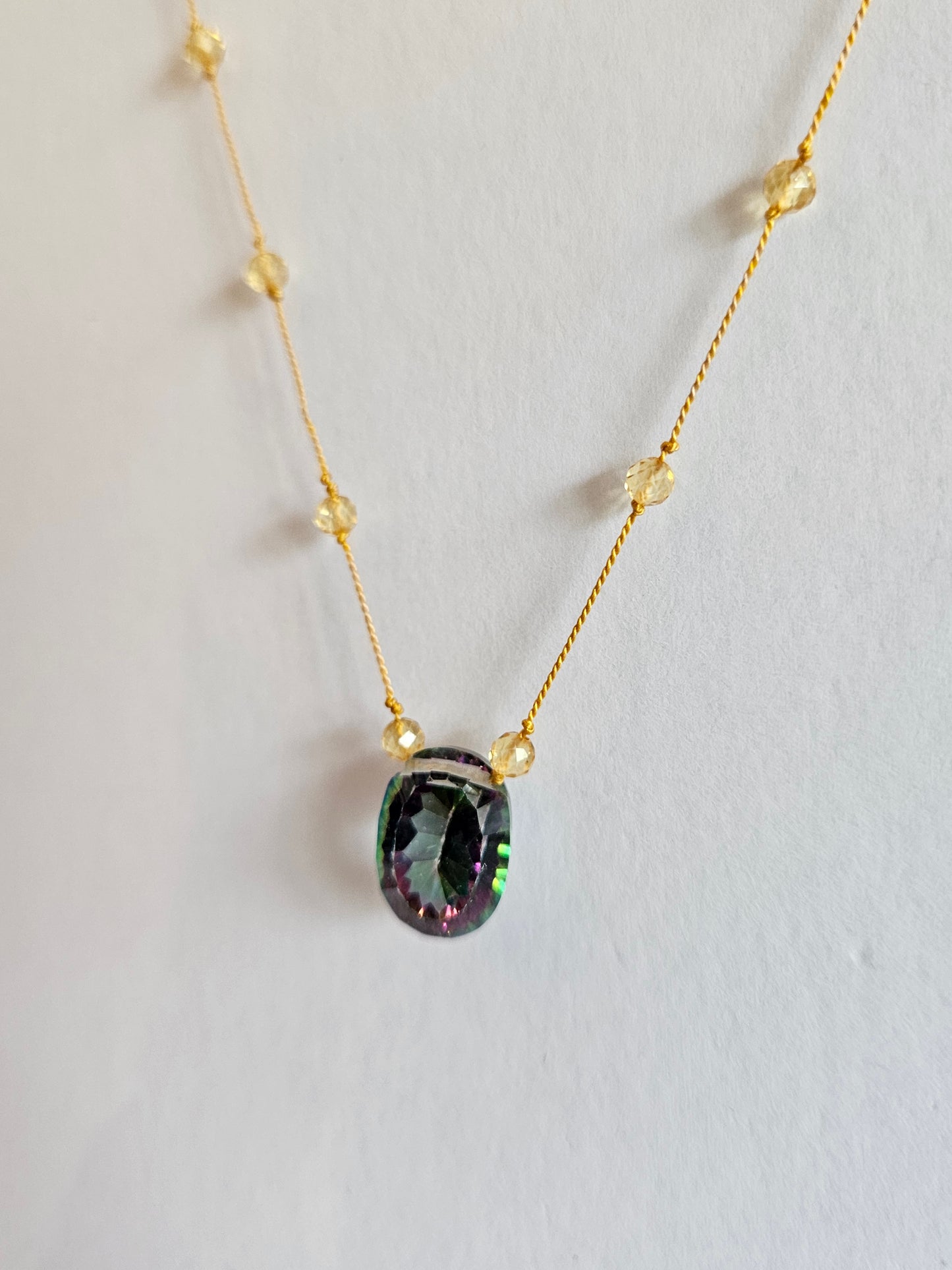 Genuine Faceted Citrines & Mystic Topaz Focal Floating Silk Cord 14k GF Clasp Necklace