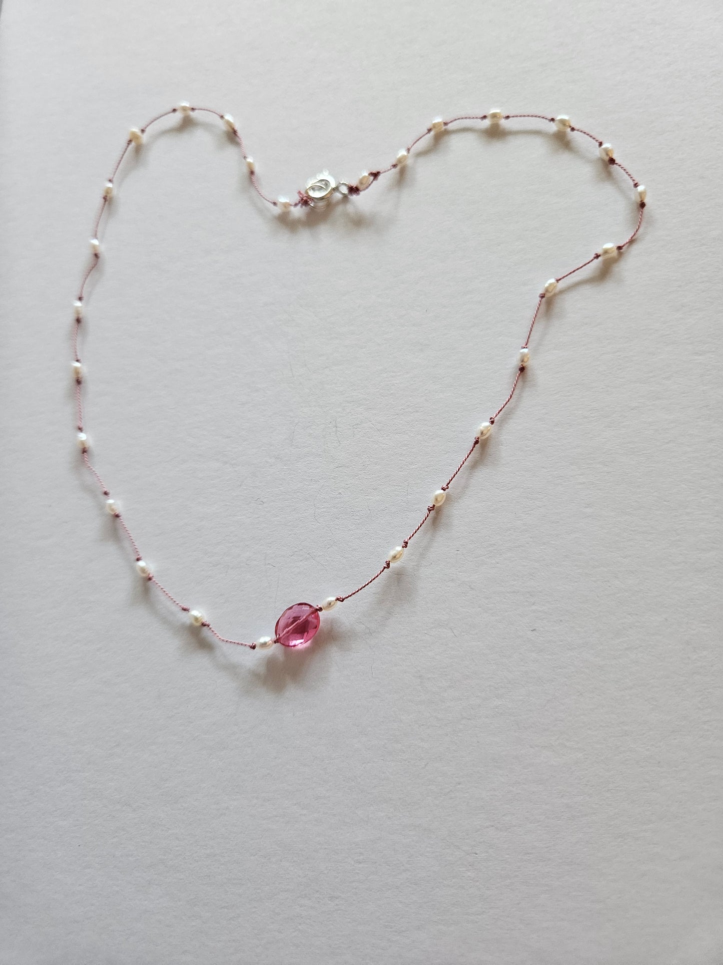 Genuine Freshwater Pearl & Faceted Pink Quartz Oval Focal Floating Silk Cord 14k GF Necklace