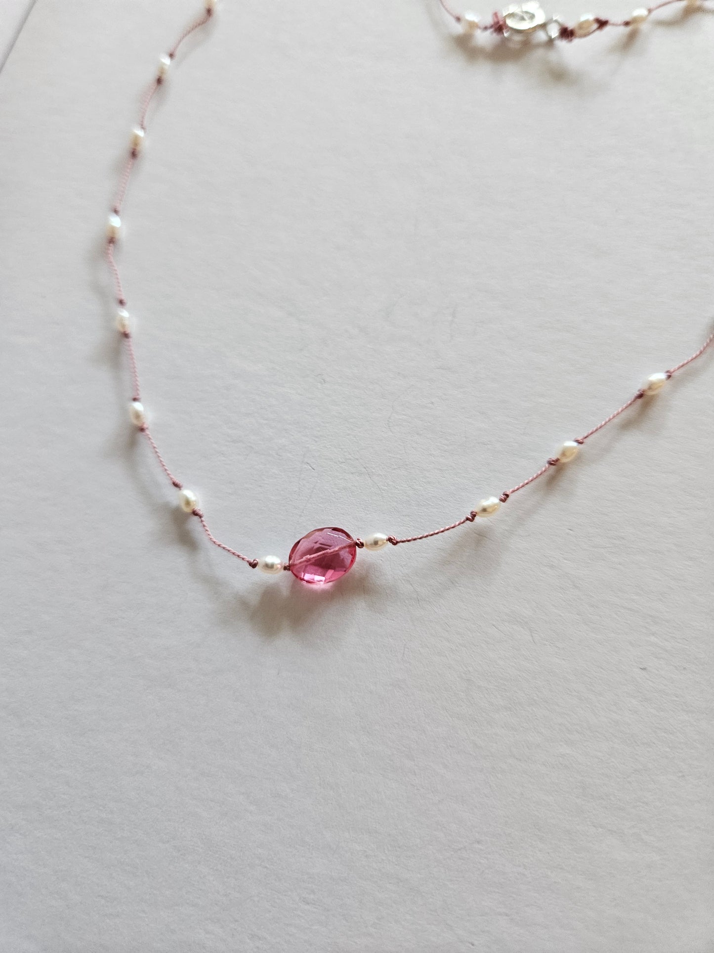 Genuine Freshwater Pearl & Faceted Pink Quartz Oval Focal Floating Silk Cord 14k GF Necklace