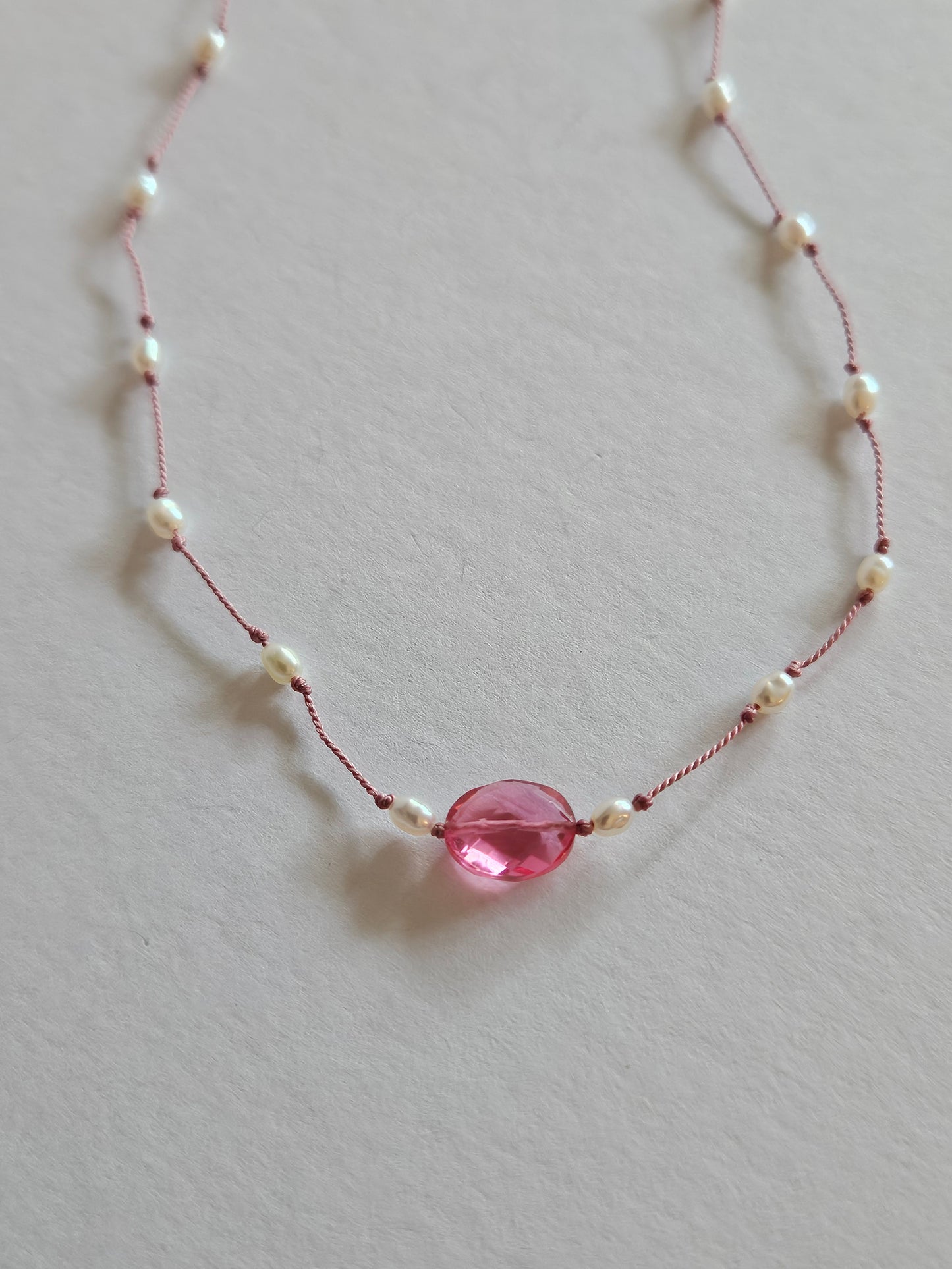 Genuine Freshwater Pearl & Faceted Pink Quartz Oval Focal Floating Silk Cord 14k GF Necklace