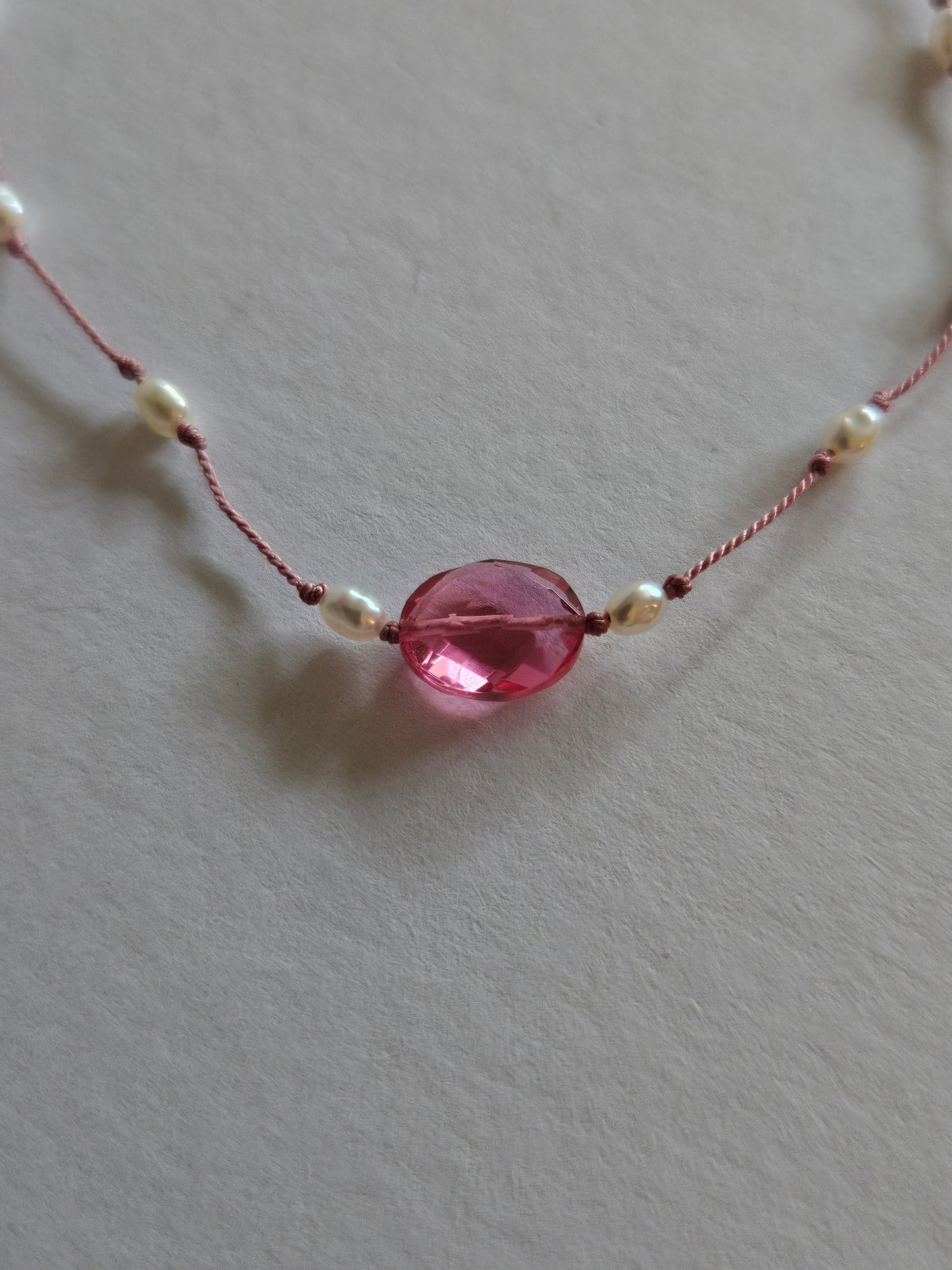 Genuine Freshwater Pearl & Faceted Pink Quartz Oval Focal Floating Silk Cord 14k GF Necklace