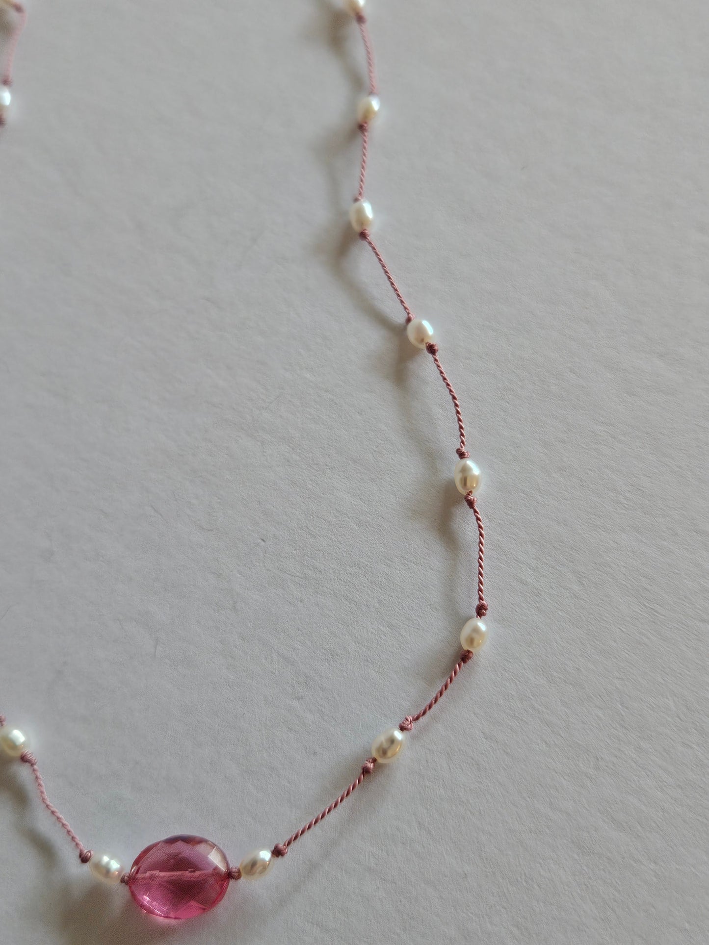 Genuine Freshwater Pearl & Faceted Pink Quartz Oval Focal Floating Silk Cord 14k GF Necklace