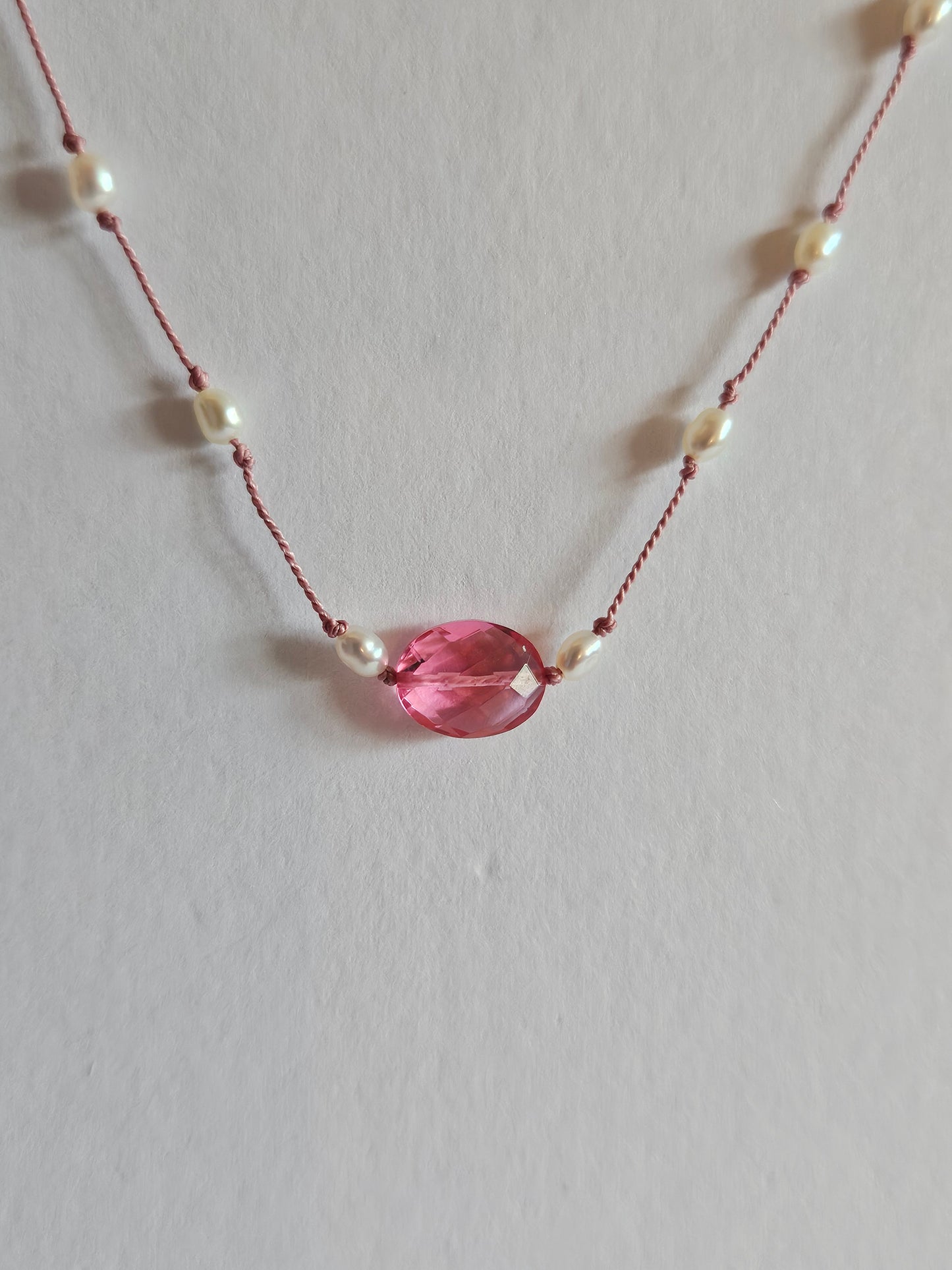 Genuine Freshwater Pearl & Faceted Pink Quartz Oval Focal Floating Silk Cord 14k GF Necklace