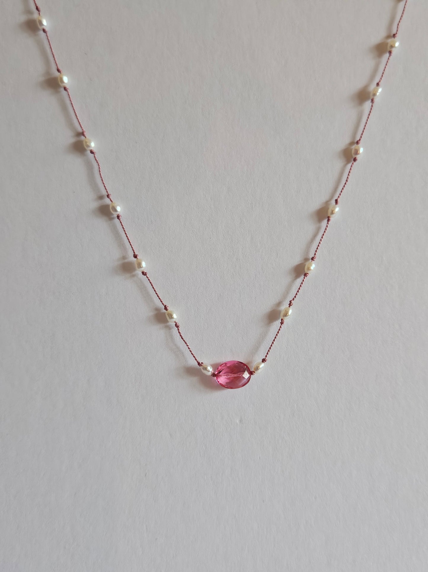 Genuine Freshwater Pearl & Faceted Pink Quartz Oval Focal Floating Silk Cord 14k GF Necklace